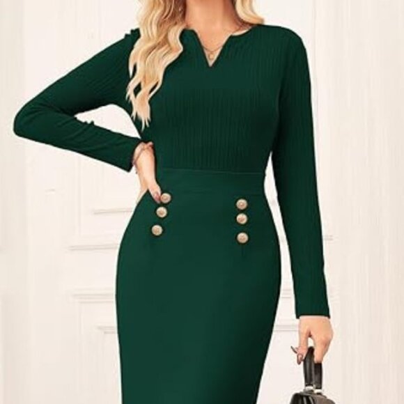 NWT GRACE KARIN XL Henly V-Neck Dress Business Sheath Long Sleeve Midi 2025 Fall - Picture 5 of 9